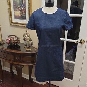 GAP Dark Blue Denim Dress Grosgrain Ribbon Waist Exposed Zip Short Sleeve 12 EUC